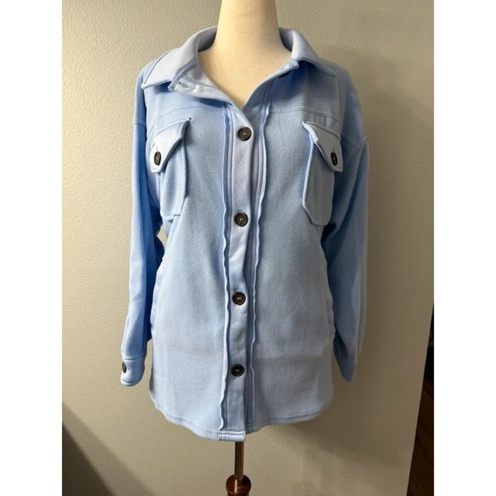 Zenana Oversized Elbow Patch Shacket Light Blue Size Large